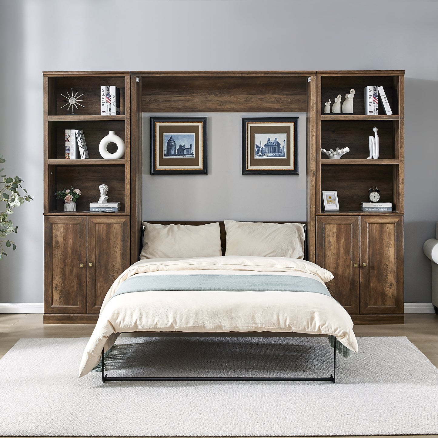 Full Size Self-Close and Open Murphy Bed with 2 Side Cabinet Storage Shelf, Brown