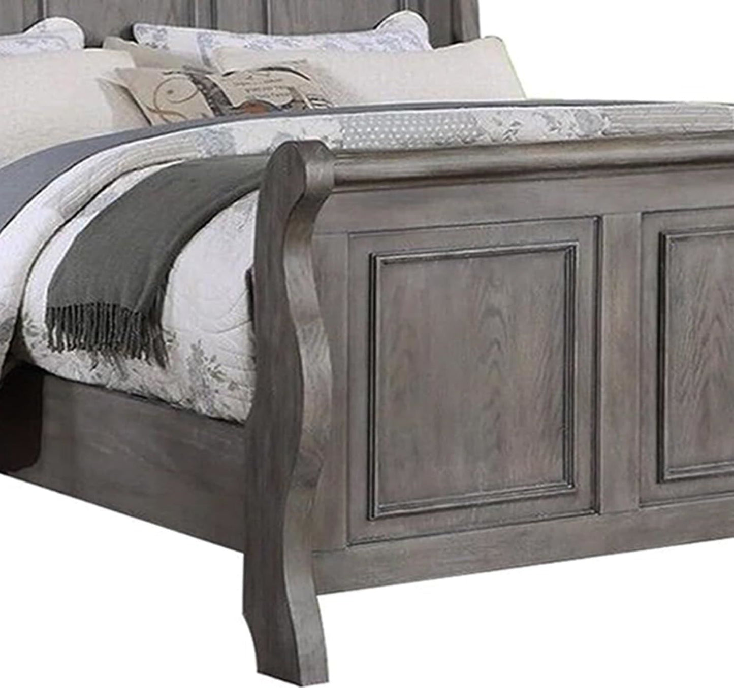 Sleigh Design King Size Panel Bed, Beautiful Wooden Antique Gray Oak Finish