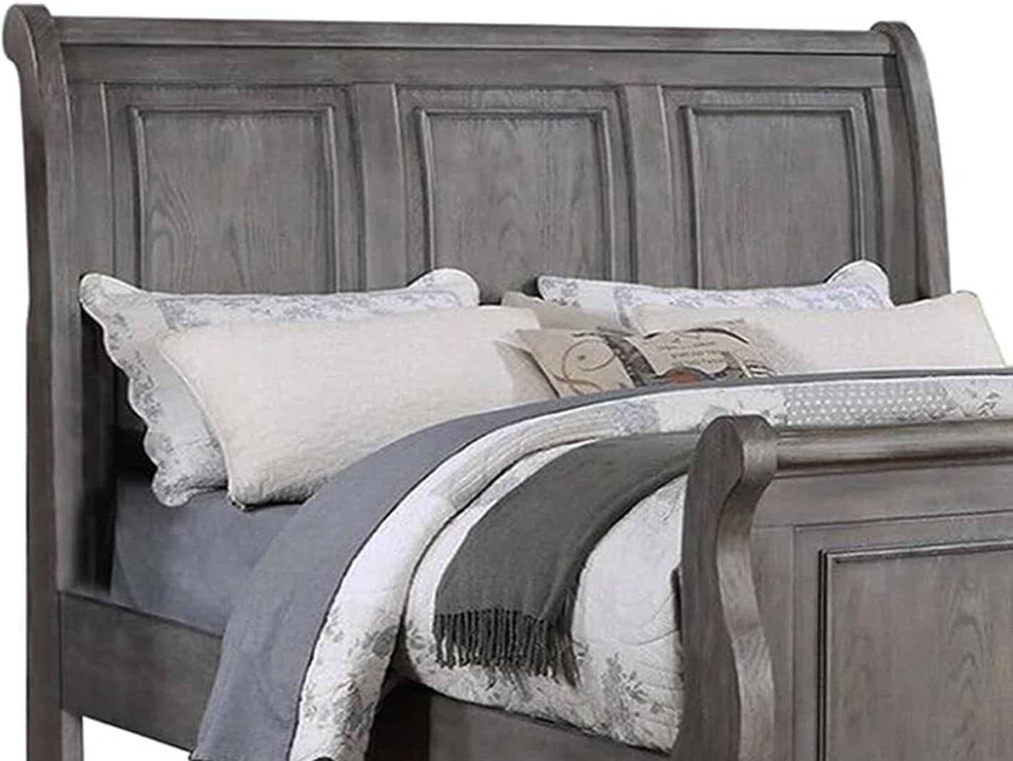 Sleigh Design King Size Panel Bed, Beautiful Wooden Antique Gray Oak Finish