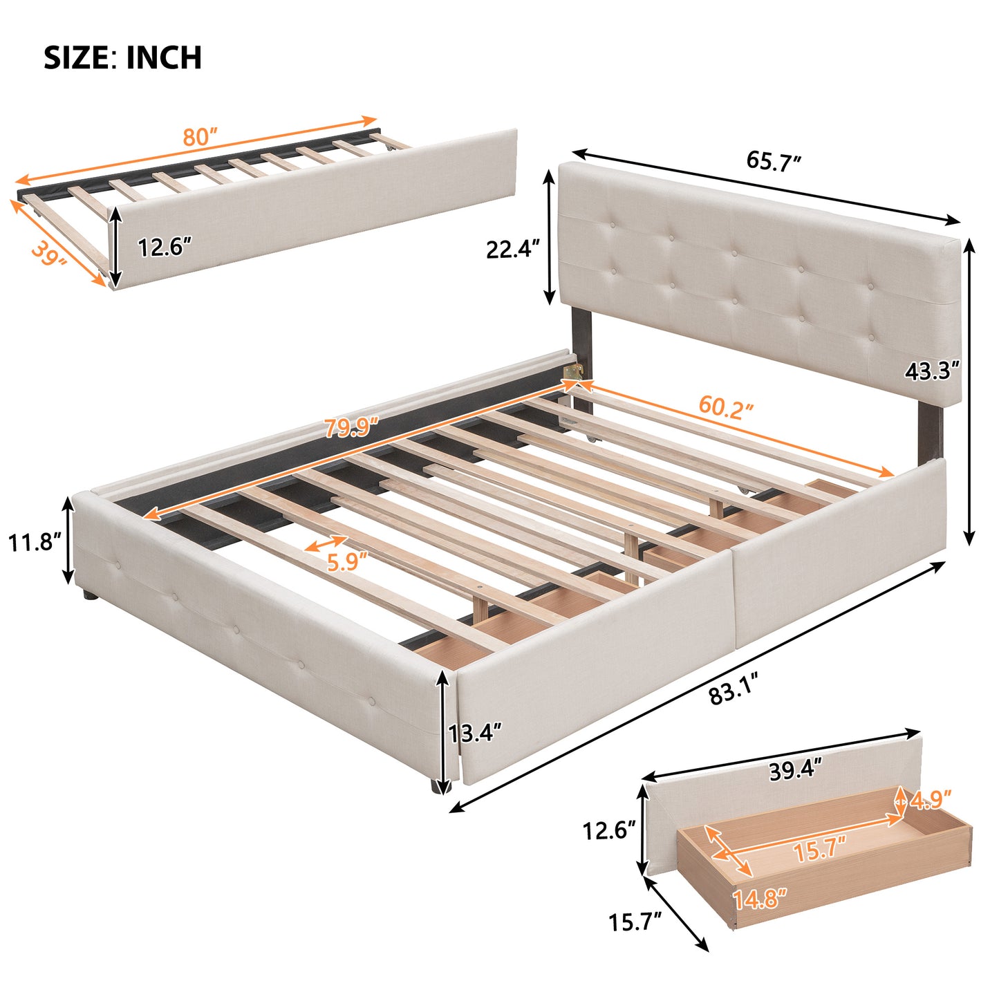 Upholstered Platform Bed with 2 Drawers and 1 Twin XL Trundle, Linen Fabric, Queen Size - Dark Beige(OLD SKU :LP000314AAA)