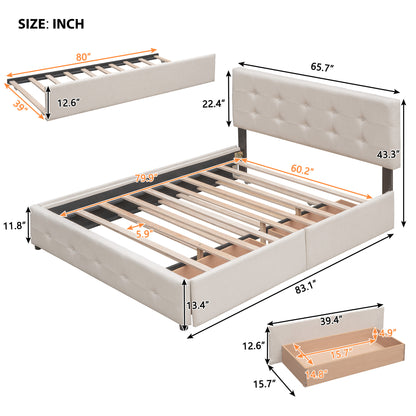 Upholstered Platform Bed with 2 Drawers and 1 Twin XL Trundle, Linen Fabric, Queen Size - Dark Beige(OLD SKU :LP000314AAA)