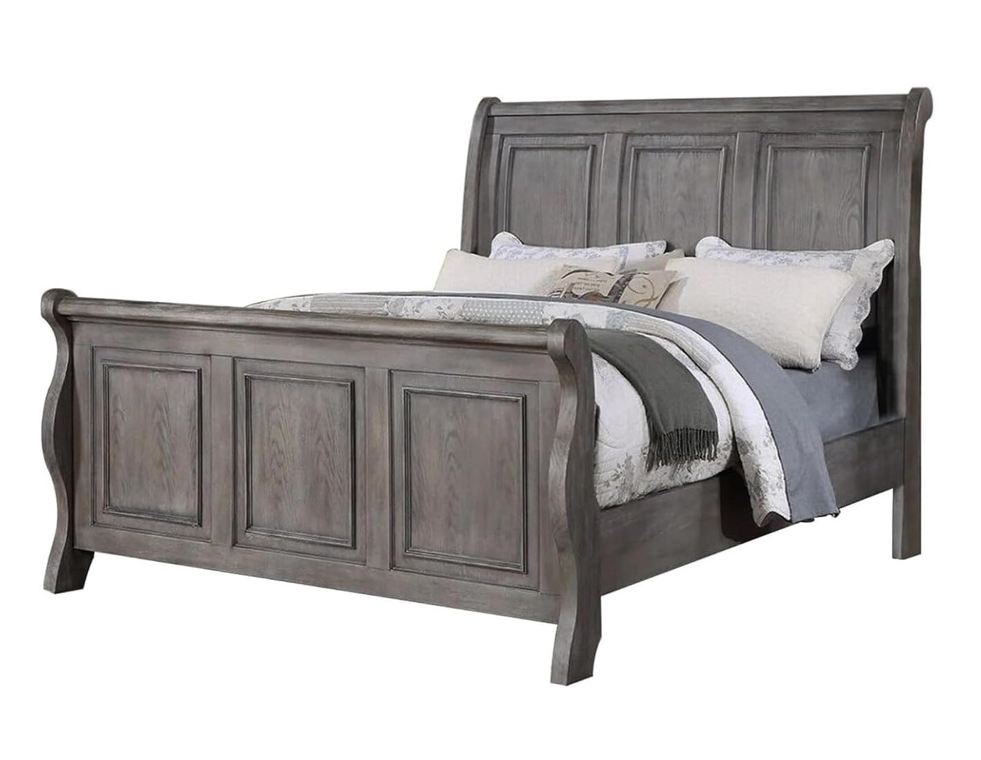 Sleigh Design King Size Panel Bed, Beautiful Wooden Antique Gray Oak Finish