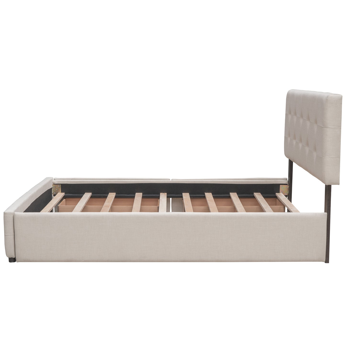 Upholstered Platform Bed with 2 Drawers and 1 Twin XL Trundle, Linen Fabric, Queen Size - Dark Beige(OLD SKU :LP000314AAA)