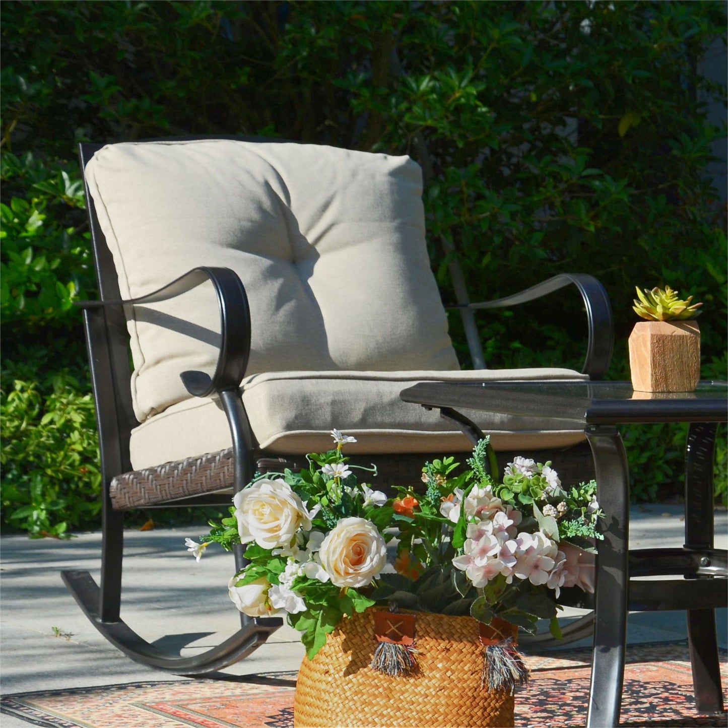 Patio Garden Wicker Rocking Chairs and Table Set withTempered Glass Top