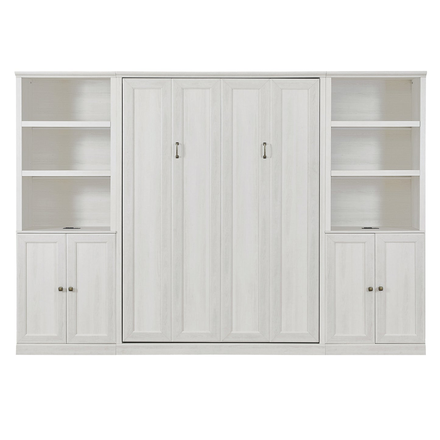 Full Size Self-Close and Open Murphy Bed with 2 Side Cabinet Storage Shelf,  Rustic White