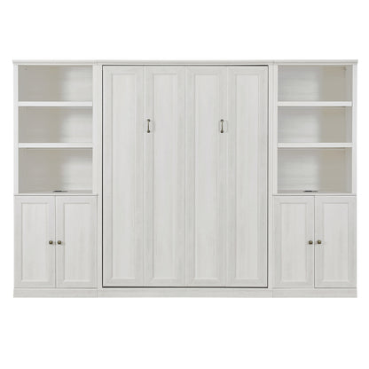 Full Size Self-Close and Open Murphy Bed with 2 Side Cabinet Storage Shelf,  Rustic White