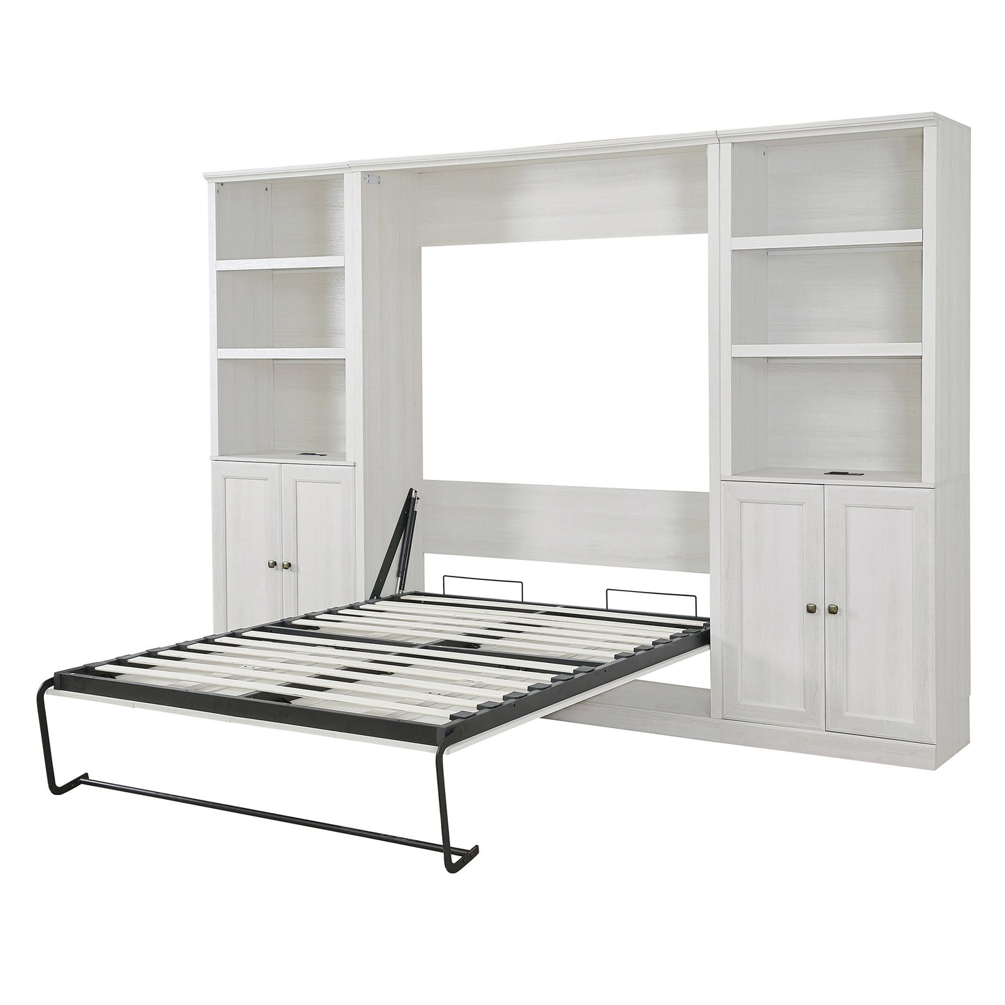 Full Size Self-Close and Open Murphy Bed with 2 Side Cabinet Storage Shelf,  Rustic White