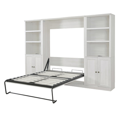 Full Size Self-Close and Open Murphy Bed with 2 Side Cabinet Storage Shelf,  Rustic White