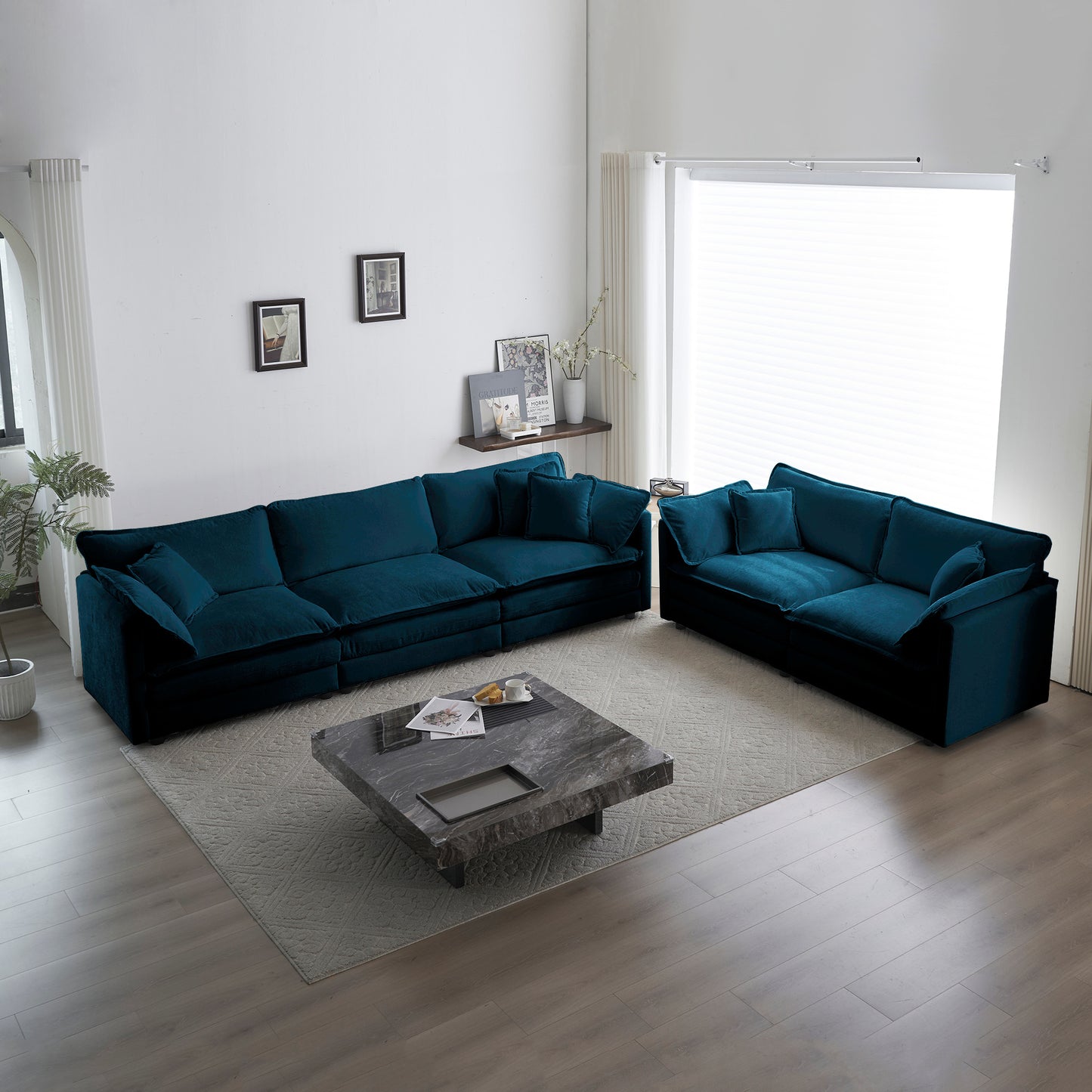 Modern Sofa Set for Living Room, Blue Chenille, 2+3 Seater Sofa Set Deep Seat Sofa