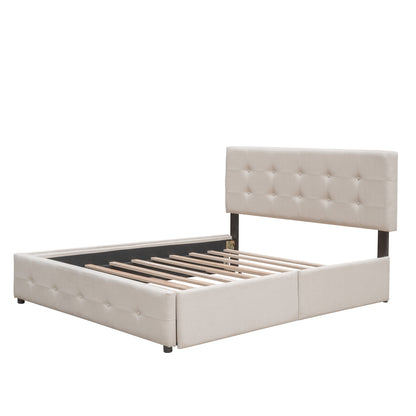 Upholstered Platform Bed with 2 Drawers and 1 Twin XL Trundle, Linen Fabric, Queen Size - Dark Beige(OLD SKU :LP000314AAA)