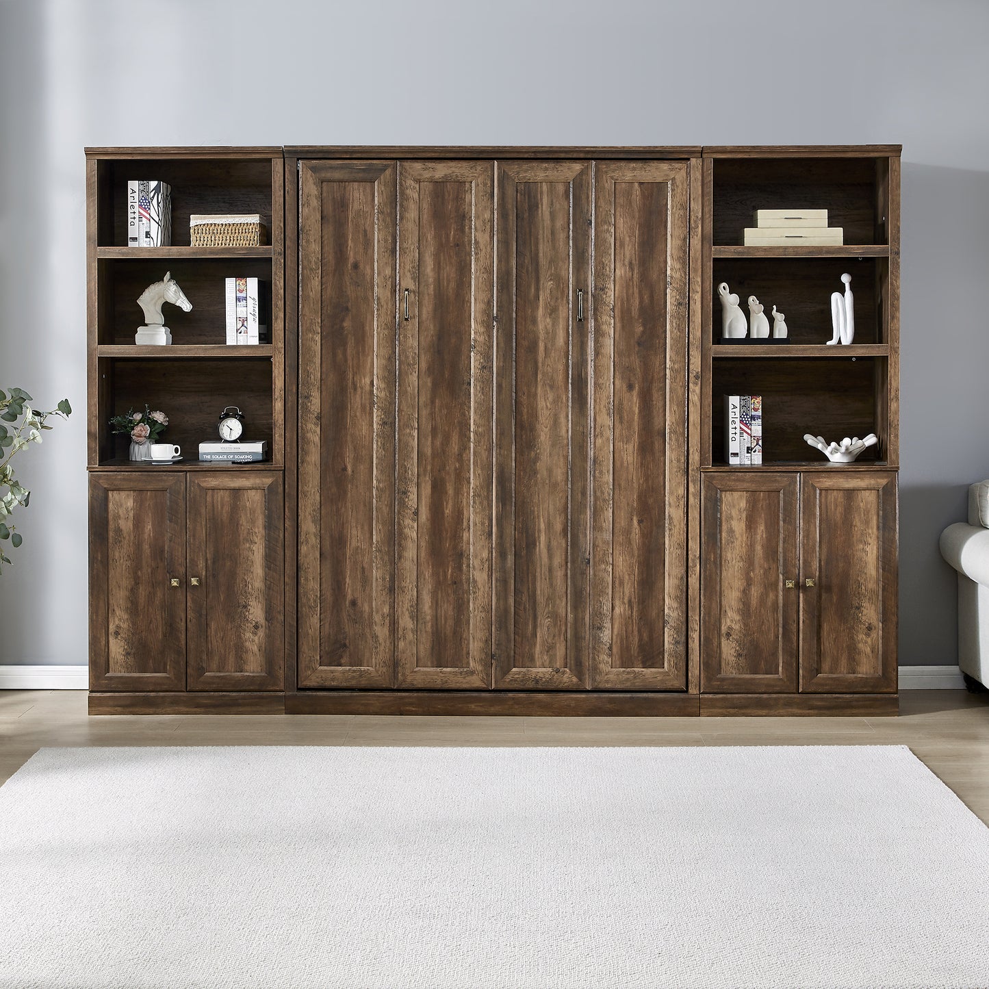 Full Size Self-Close and Open Murphy Bed with 2 Side Cabinet Storage Shelf, Brown