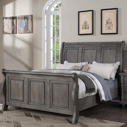 Sleigh Design King Size Panel Bed, Beautiful Wooden Antique Gray Oak Finish