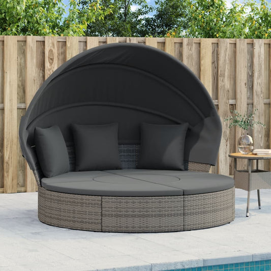 Patio Lounge Bed with Canopy and Cushions Gray Poly Rattan