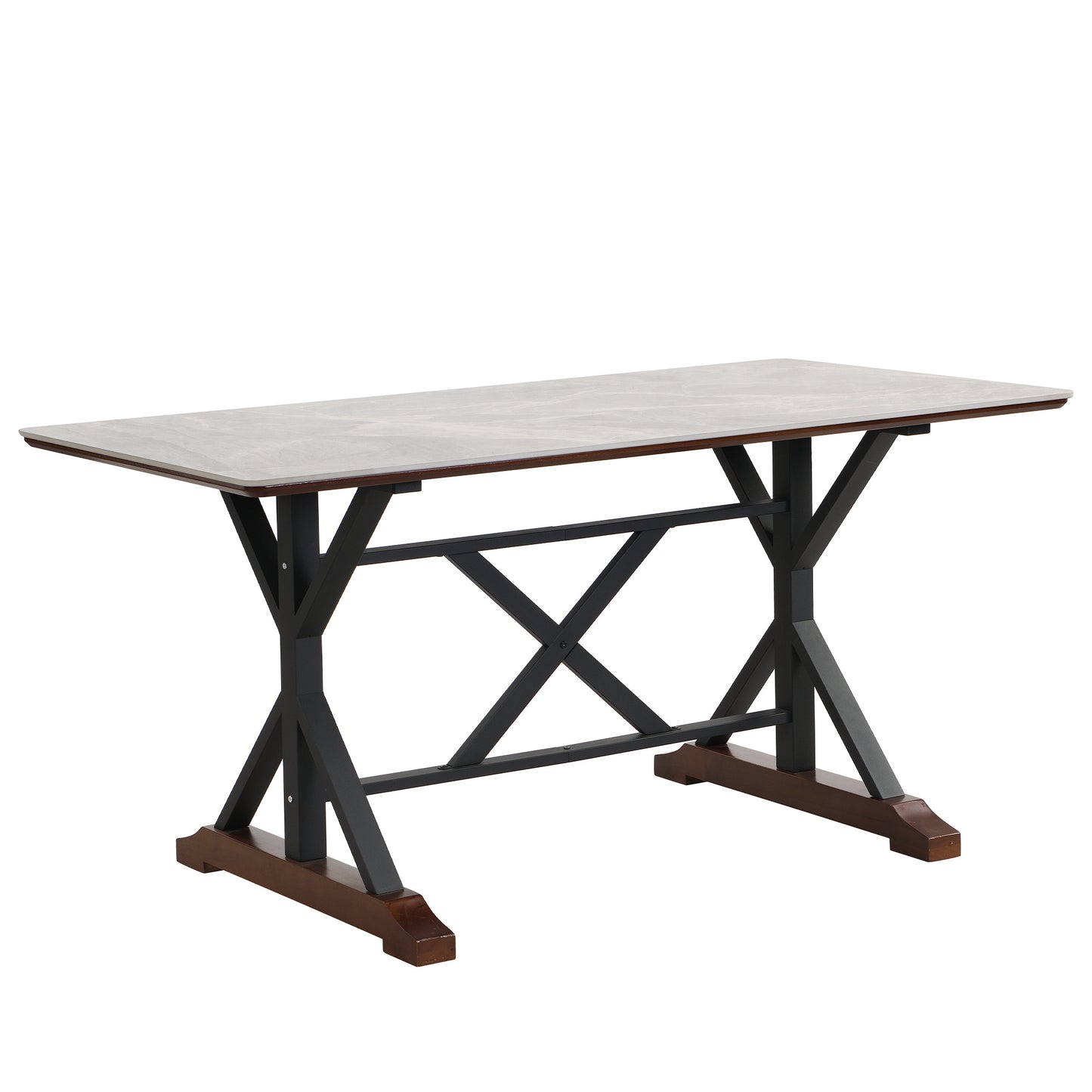 Sintered Stone Dining Table, 63" Modern Gray Rectangular Faux Marble Dining Room Table with X-shaped Metal Legs and Solid Wood Base, Scratch and Heat Resistant, (Table Only)