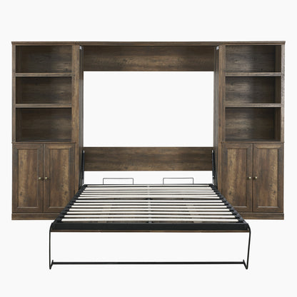 Full Size Self-Close and Open Murphy Bed with 2 Side Cabinet Storage Shelf, Brown