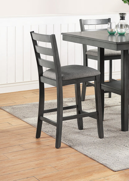 Classic Counter Height 5pc Set, Gray, Square Dining Table w Shelves - Cushion Seat Ladder Back High Chairs, Solid wood