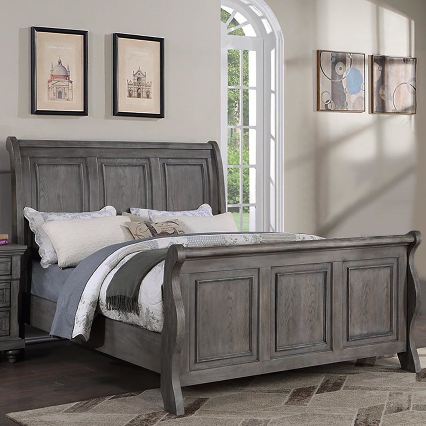 Sleigh Design King Size Panel Bed, Beautiful Wooden Antique Gray Oak Finish