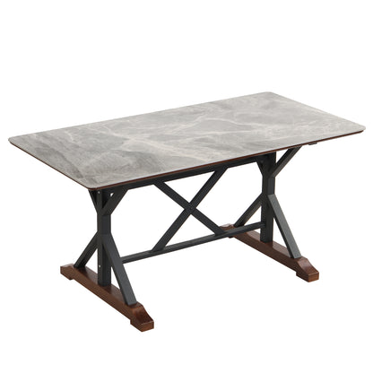 Sintered Stone Dining Table, 63" Modern Gray Rectangular Faux Marble Dining Room Table with X-shaped Metal Legs and Solid Wood Base, Scratch and Heat Resistant, (Table Only)