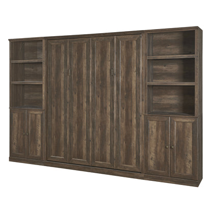 Full Size Self-Close and Open Murphy Bed with 2 Side Cabinet Storage Shelf, Brown