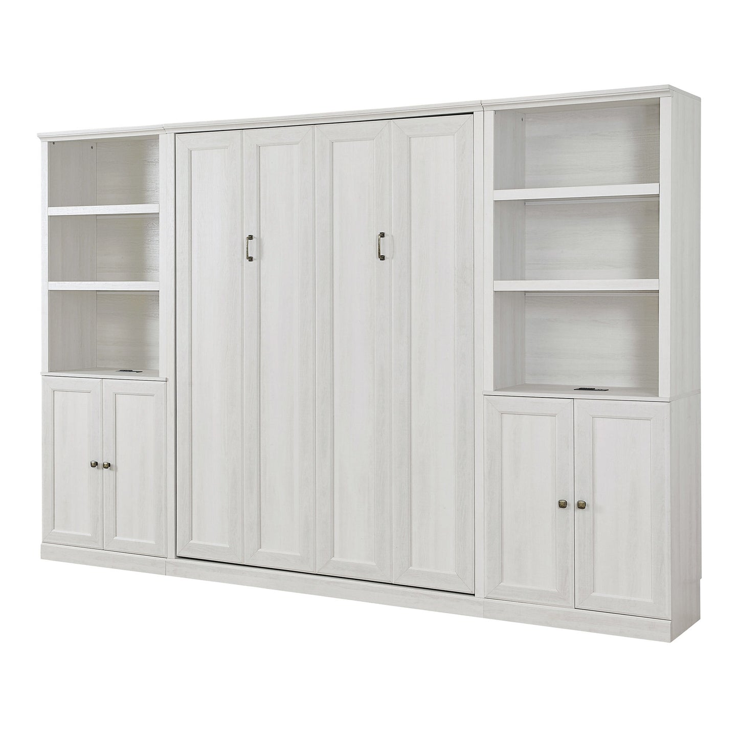 Full Size Self-Close and Open Murphy Bed with 2 Side Cabinet Storage Shelf,  Rustic White