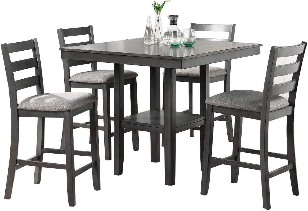 Classic Counter Height 5pc Set, Gray, Square Dining Table w Shelves - Cushion Seat Ladder Back High Chairs, Solid wood