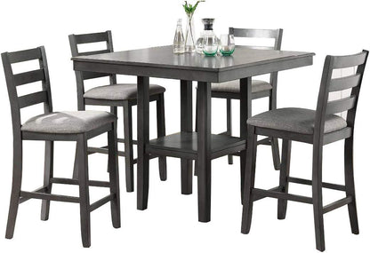 Classic Counter Height 5pc Set, Gray, Square Dining Table w Shelves - Cushion Seat Ladder Back High Chairs, Solid wood