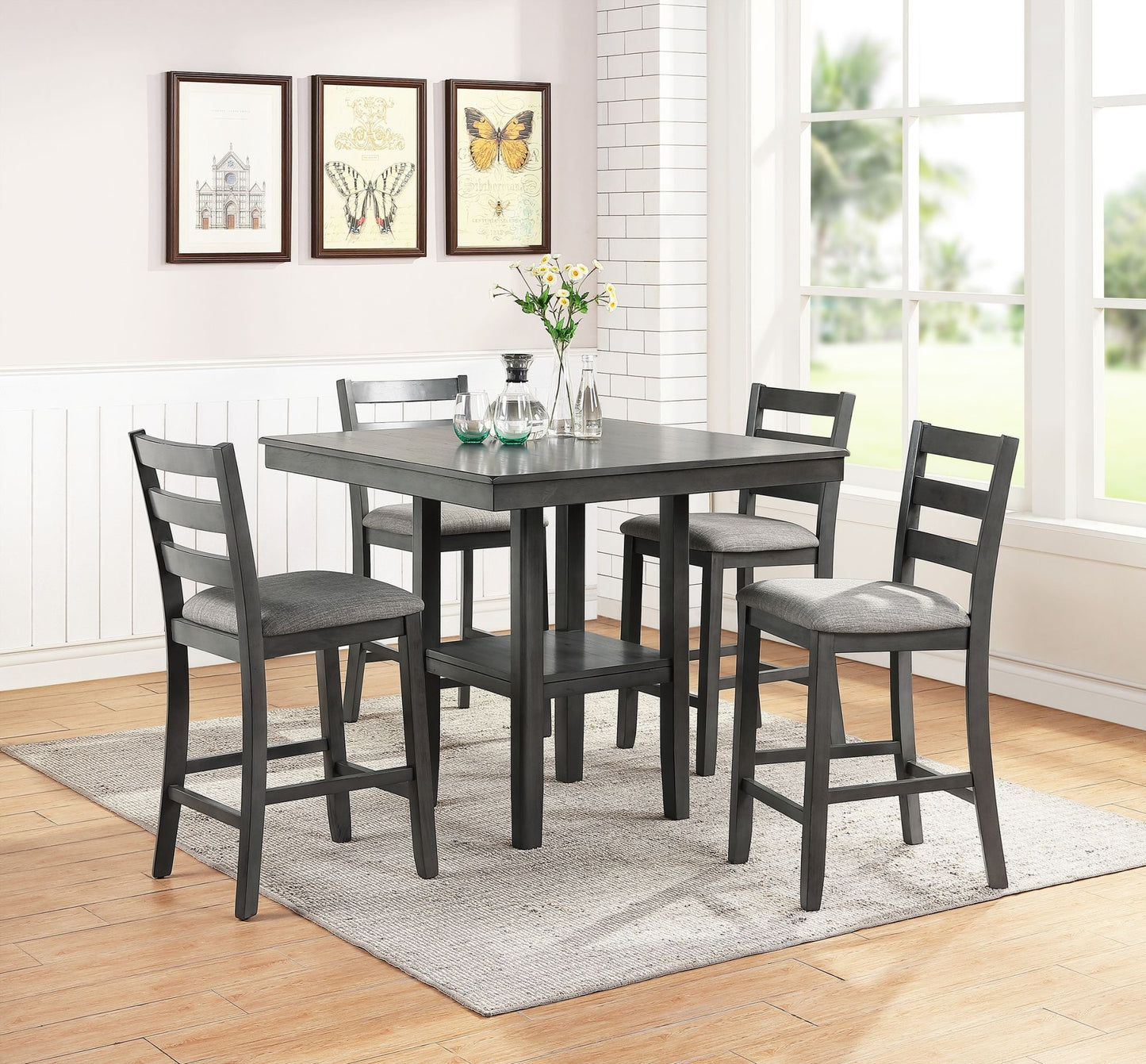 Classic Counter Height 5pc Set, Gray, Square Dining Table w Shelves - Cushion Seat Ladder Back High Chairs, Solid wood