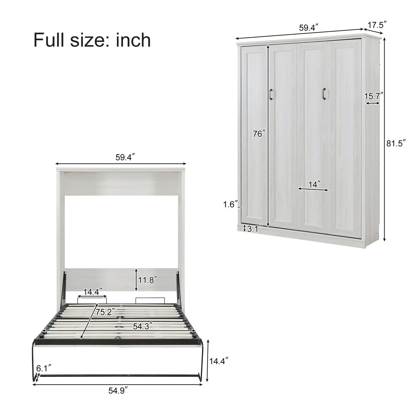 Full Size Self-Close and Open Murphy Bed with 2 Side Cabinet Storage Shelf,  Rustic White