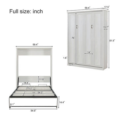 Full Size Self-Close and Open Murphy Bed with 2 Side Cabinet Storage Shelf,  Rustic White