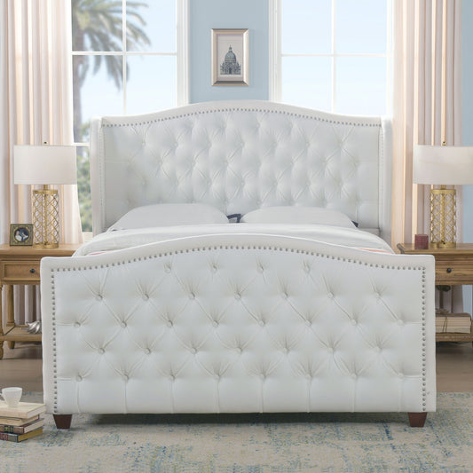 Marcella Upholstered Shelter Headboard Bed Set, Queen, Bright White Polyester