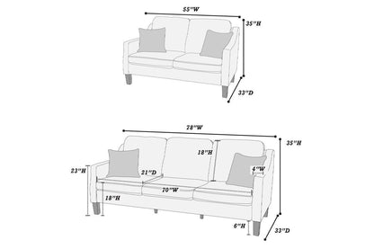 2pc Sofa And Loveseat, Grey Blended Chenille Cushion Couch w Pillows