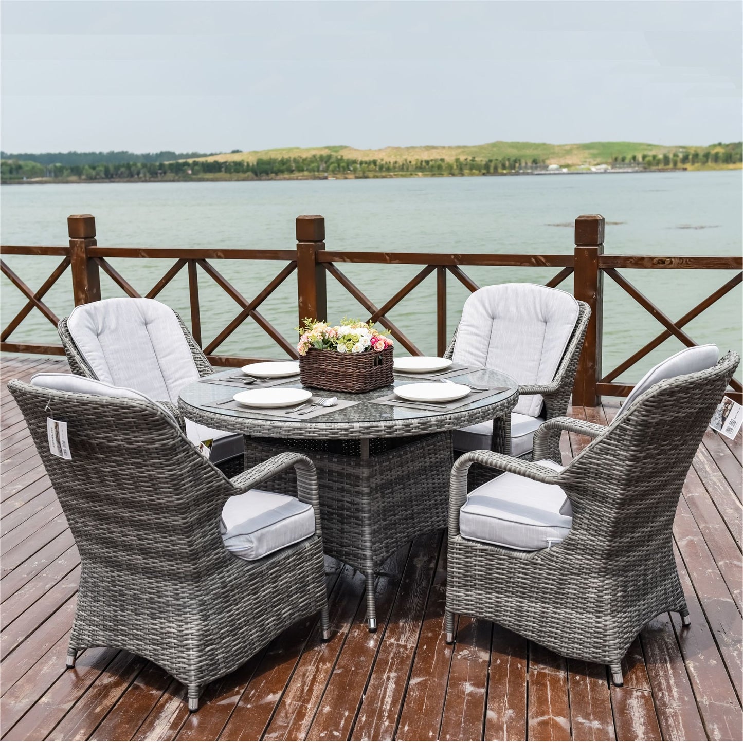 Direct Wicker 5-Piece Aluminum Wicker Round Outdoor Dining Set with Cushions