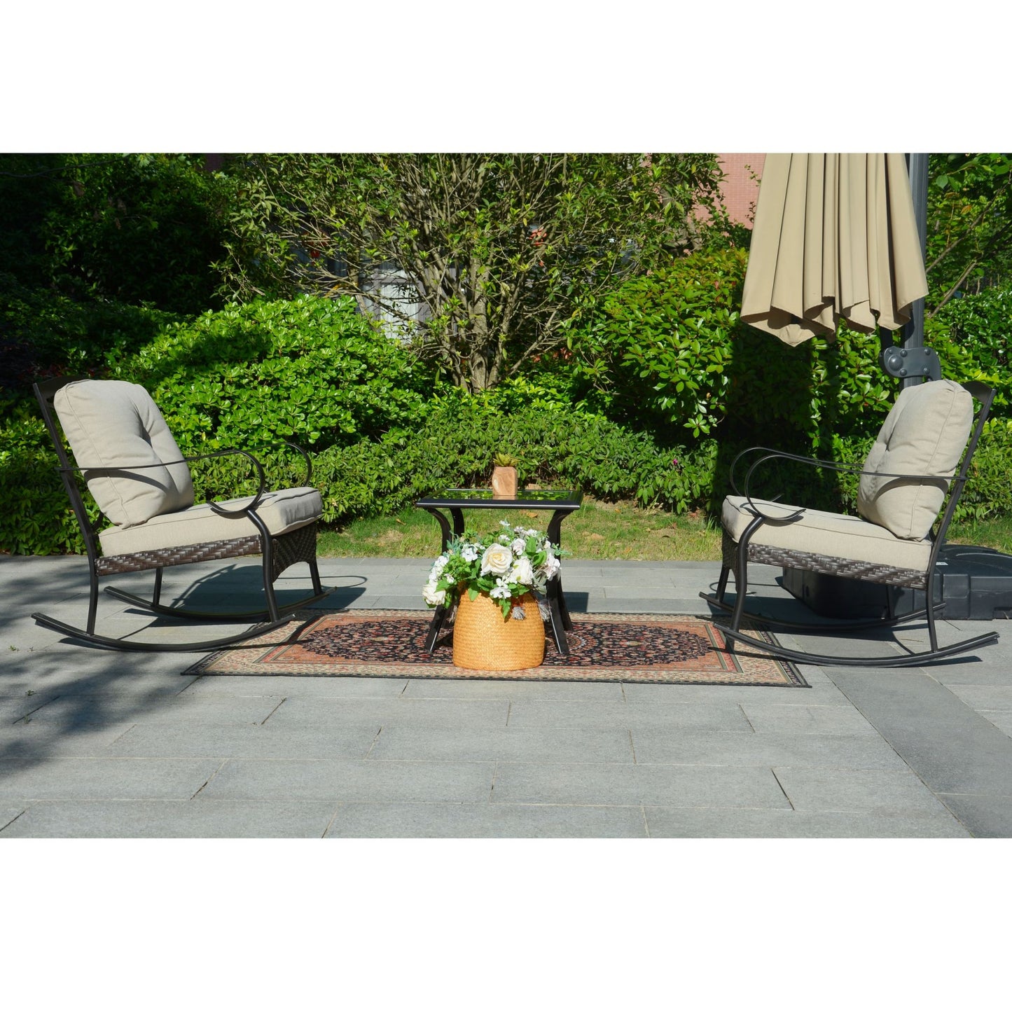 Patio Garden Wicker Rocking Chairs and Table Set withTempered Glass Top