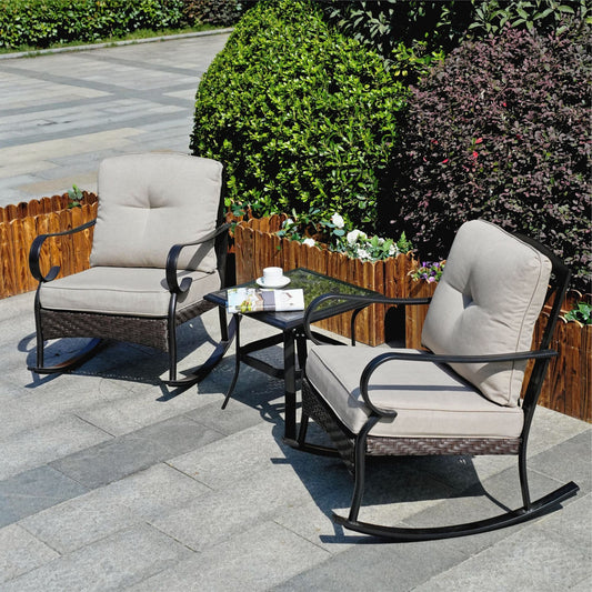 Patio Garden Wicker Rocking Chairs and Table Set withTempered Glass Top