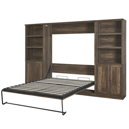 Full Size Self-Close and Open Murphy Bed with 2 Side Cabinet Storage Shelf, Brown