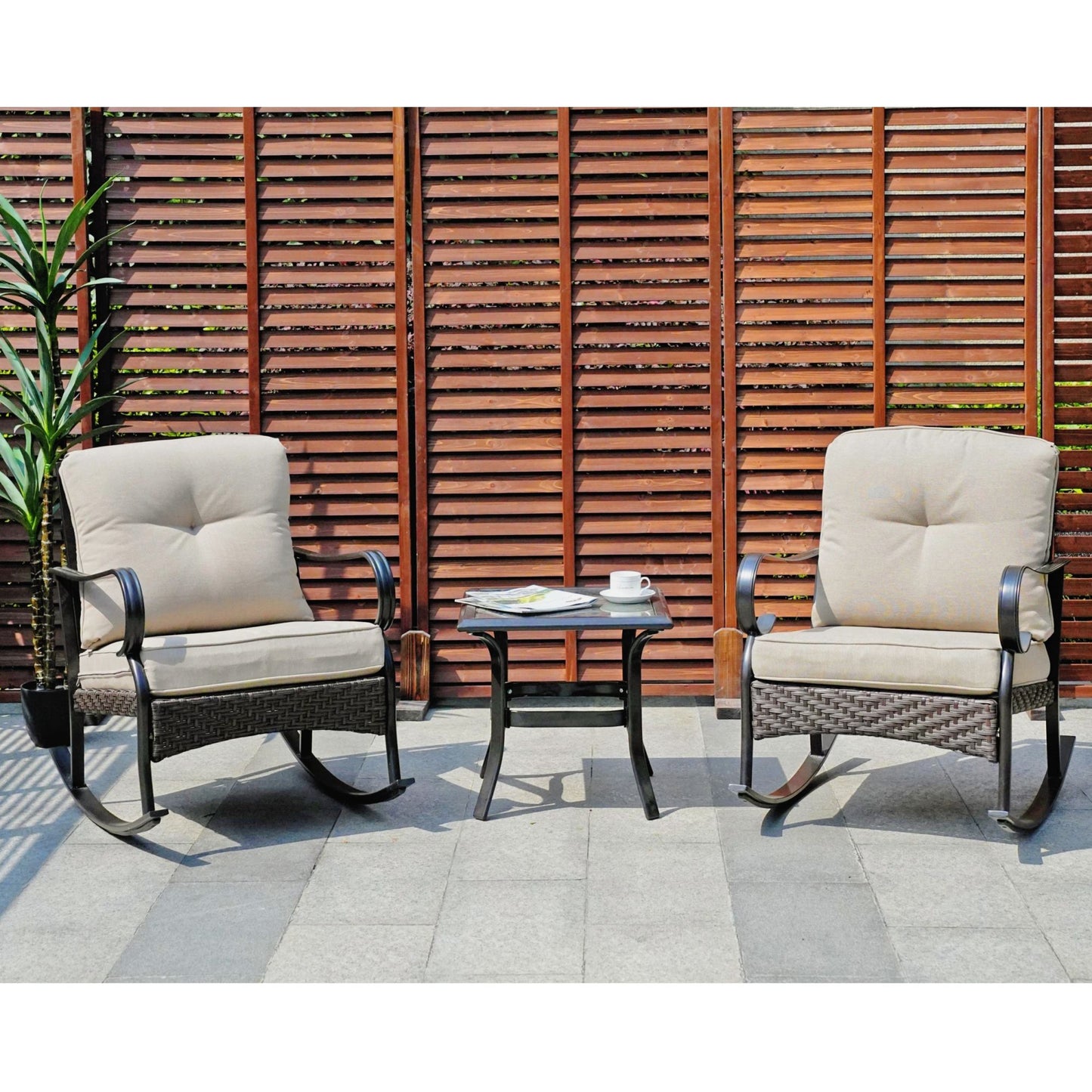 Patio Garden Wicker Rocking Chairs and Table Set withTempered Glass Top