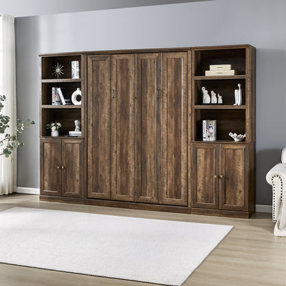 Full Size Self-Close and Open Murphy Bed with 2 Side Cabinet Storage Shelf, Brown