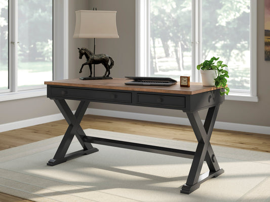 Wildenauer 60-Inch Modern Farmhouse Executive Desk – Two-Tone Brown & Black Trestle Workspace with Keyboard Tray