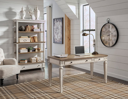 Realyn French Country 60-Inch Executive Desk & 75-Inch Bookcase Set – Antiqued Two-Tone White & Brown Farmhouse Office Furniture