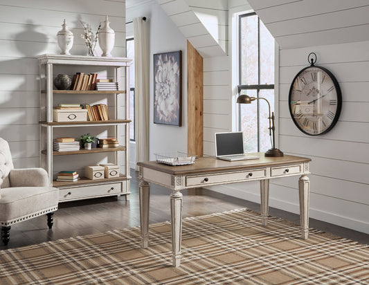 Realyn French Country 60-Inch Executive Desk & 75-Inch Bookcase Set – Antiqued Two-Tone White & Brown Farmhouse Office Furniture