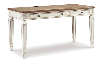 Realyn French Country 60-Inch Executive Desk & 75-Inch Bookcase Set – Antiqued Two-Tone White & Brown Farmhouse Office Furniture