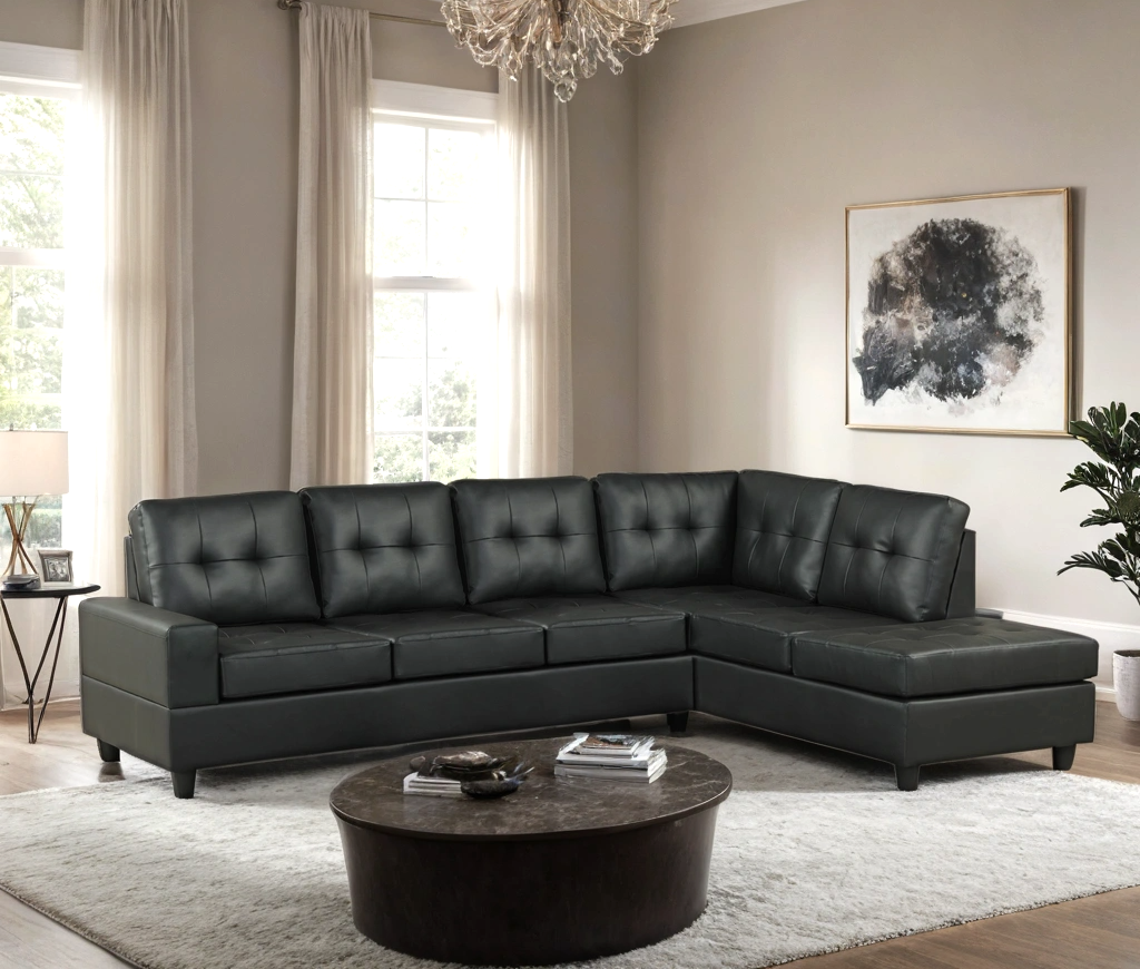 James Black PU Reversible Sectional Sofa – Modern L-Shaped Faux Leather Couch