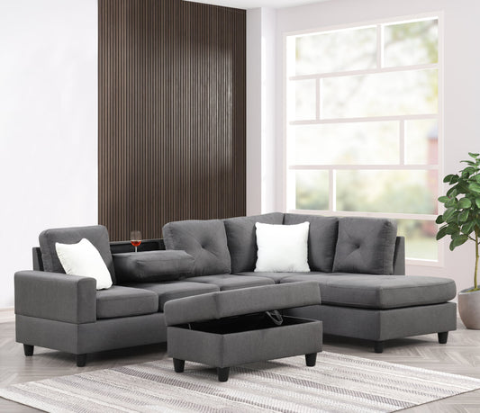 Rocket Fabric Reversible Sectional Sofa – Modern L-Shaped Couch with Cup Holder Console