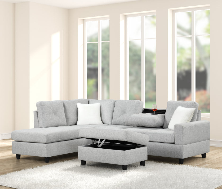 Rocket Fabric Reversible Sectional Sofa – Modern L-Shaped Couch with Cup Holder Console