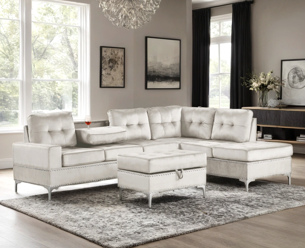 Anserra Reversible Sectional and Storage Ottoman Set in Velvet.