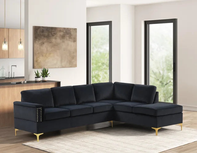 Vogue Luxurious Velvet L-Shaped Sectional Sofa with Gold Nailhead Trim and Gold Metal Y-Legs