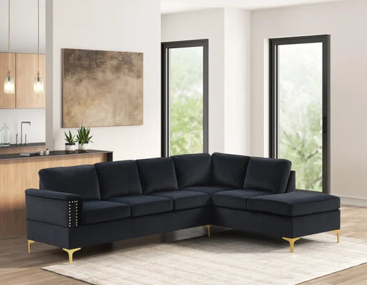 Vogue Luxurious Velvet L-Shaped Sectional Sofa with Gold Nailhead Trim and Gold Metal Y-Legs