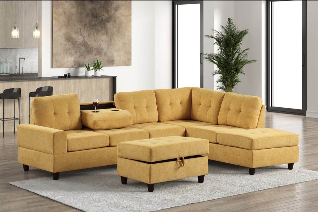 Heights 112" Reversible Sectional Sofa with Storage Ottoman & Hidden Drop-Down Console
