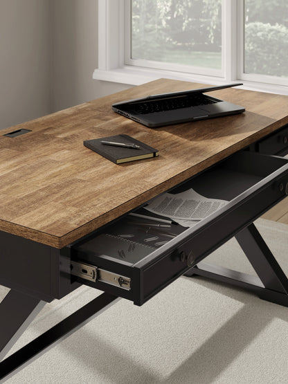 Wildenauer 60-Inch Modern Farmhouse Executive Desk – Two-Tone Brown & Black Trestle Workspace with Keyboard Tray