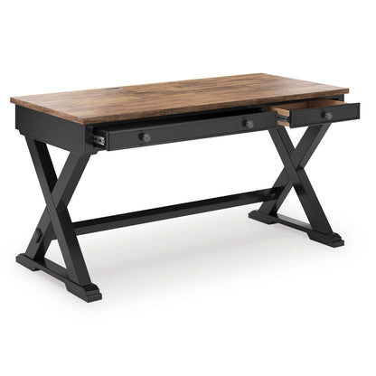 Wildenauer 60-Inch Modern Farmhouse Executive Desk – Two-Tone Brown & Black Trestle Workspace with Keyboard Tray